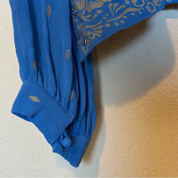 ISABEL MARANT ÉTOILE Sheer Silk Printed Button Up Top Blue Gold Size Small - Picture 7 of 11